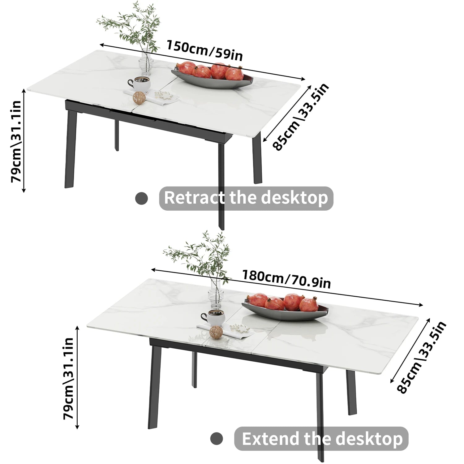 Extendable Dining Table with Sintered Stone Top and Metal Frame 150-180cm Modern Kitchen Table Black