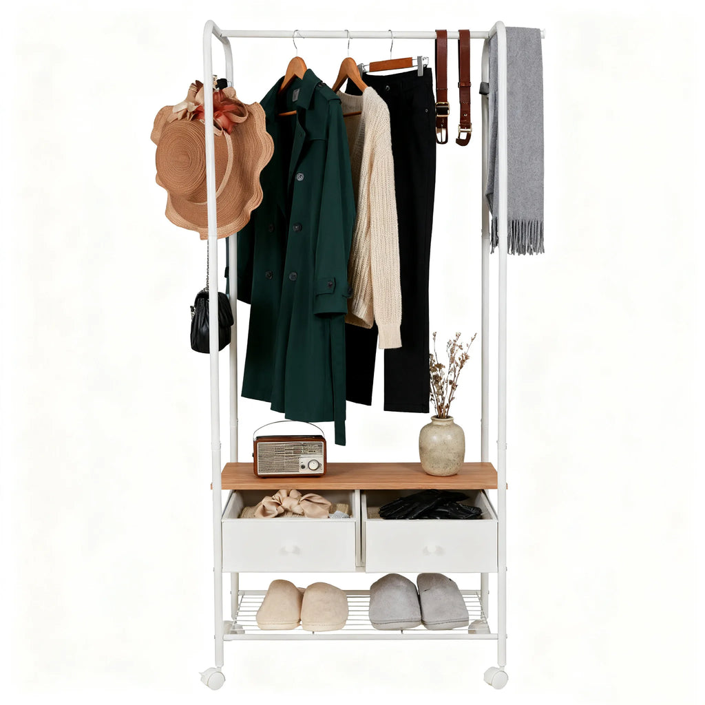 Freestanding Clothes Rack with Shelves and Wheels Metal Garment Rack Organizer White