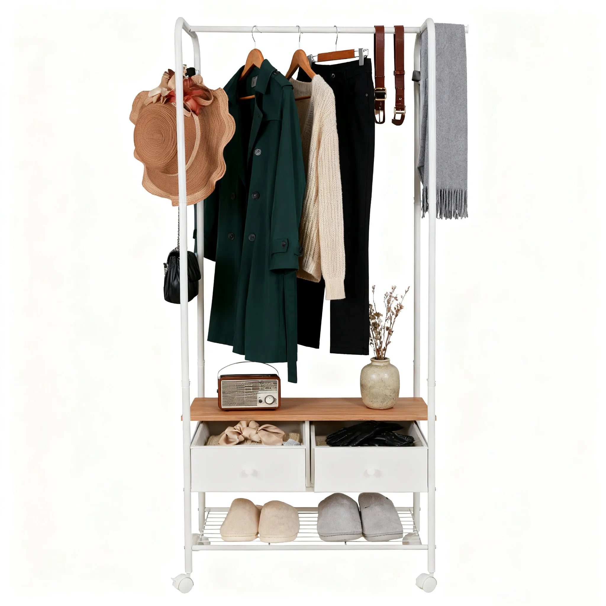 Freestanding Clothes Rack with Shelves and Wheels Metal Garment Rack Organizer White
