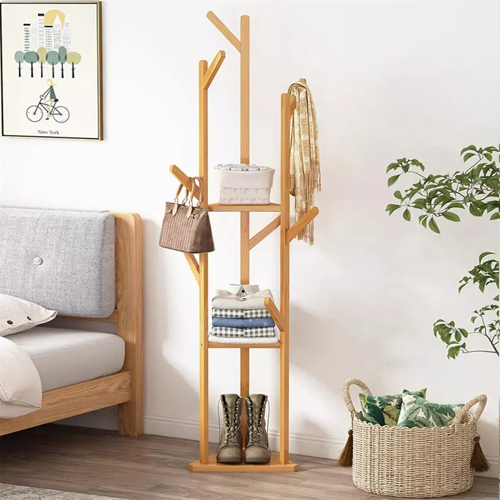 Bamboo Coat Rack Stand with 10 Hooks Freestanding Clothes Hanger Organiser Natural Bamboo