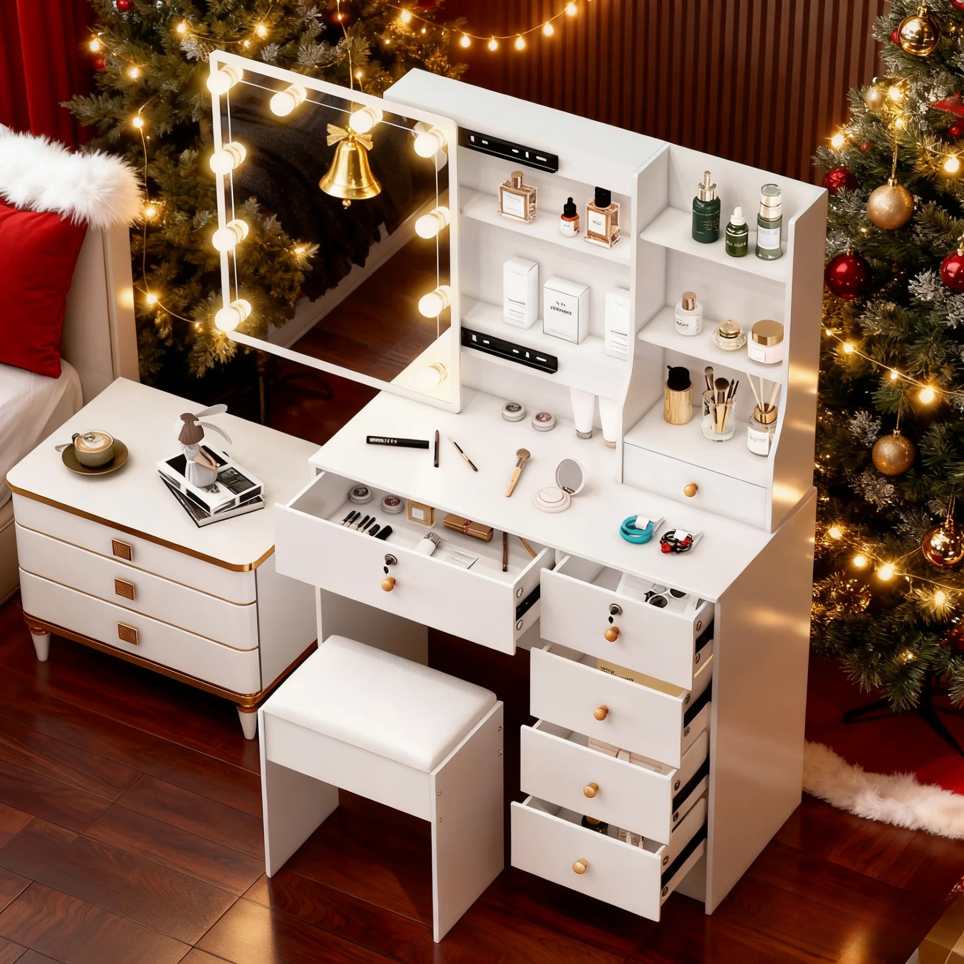 Vanity Table Set with LED Mirror, Stool and 6 Drawers Sliding Mirror Makeup Dressing Table Warm White