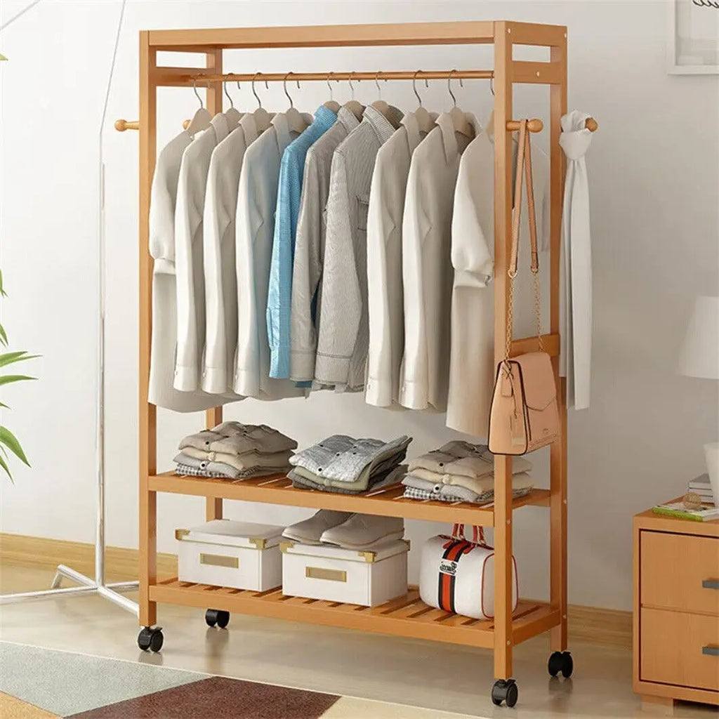 Bamboo Clothes Rack with Shelves and Wheels Freestanding Garment Rack with Hooks Natural wood