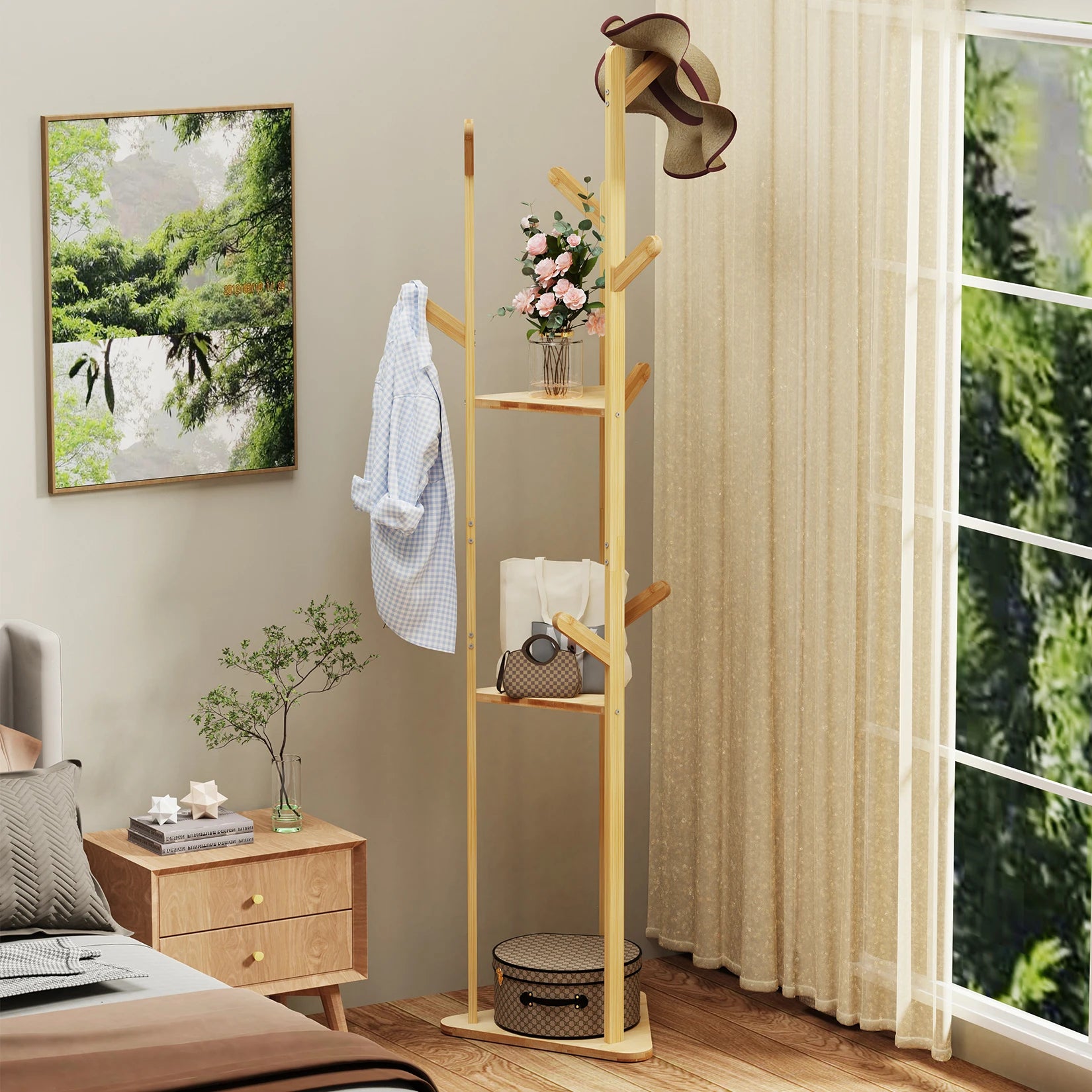 Bamboo Coat Rack Stand with 10 Hooks Freestanding Clothes Hanger Organiser Natural Bamboo