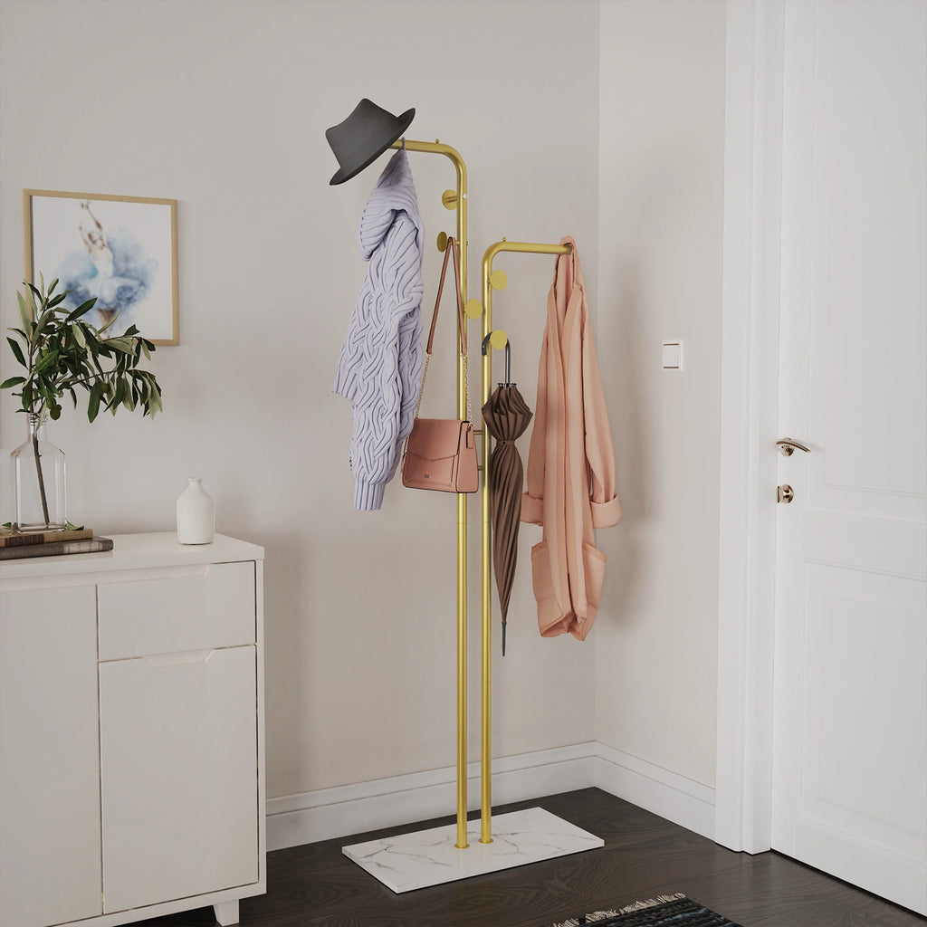 Freestanding Coat Rack with Marble Base and Metal Hooks Modern Hat and Coat Stand Gold