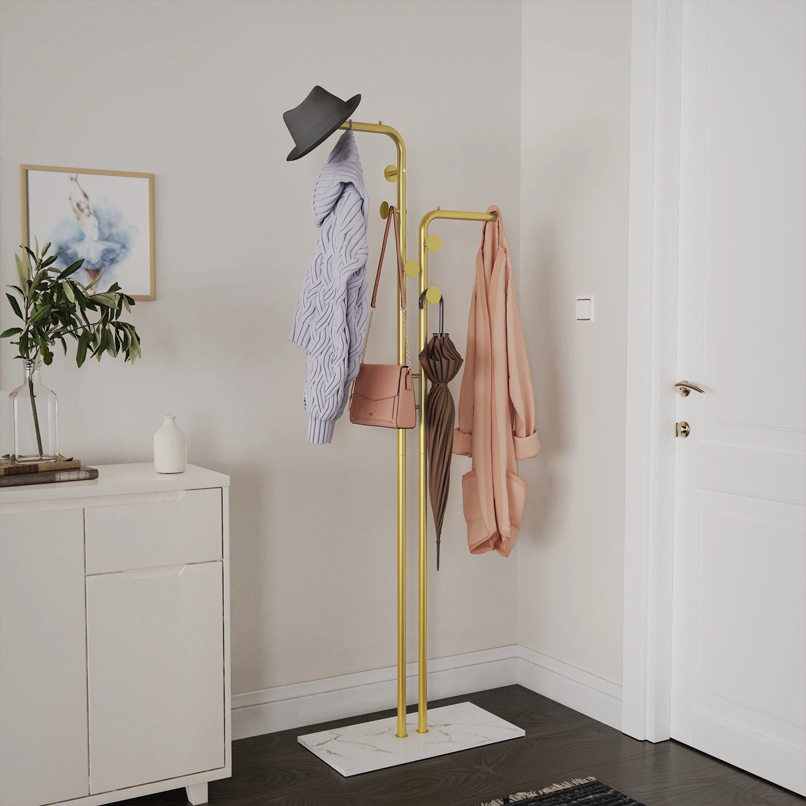 Freestanding Coat Rack with Marble Base and Metal Hooks Modern Hat and Coat Stand Gold