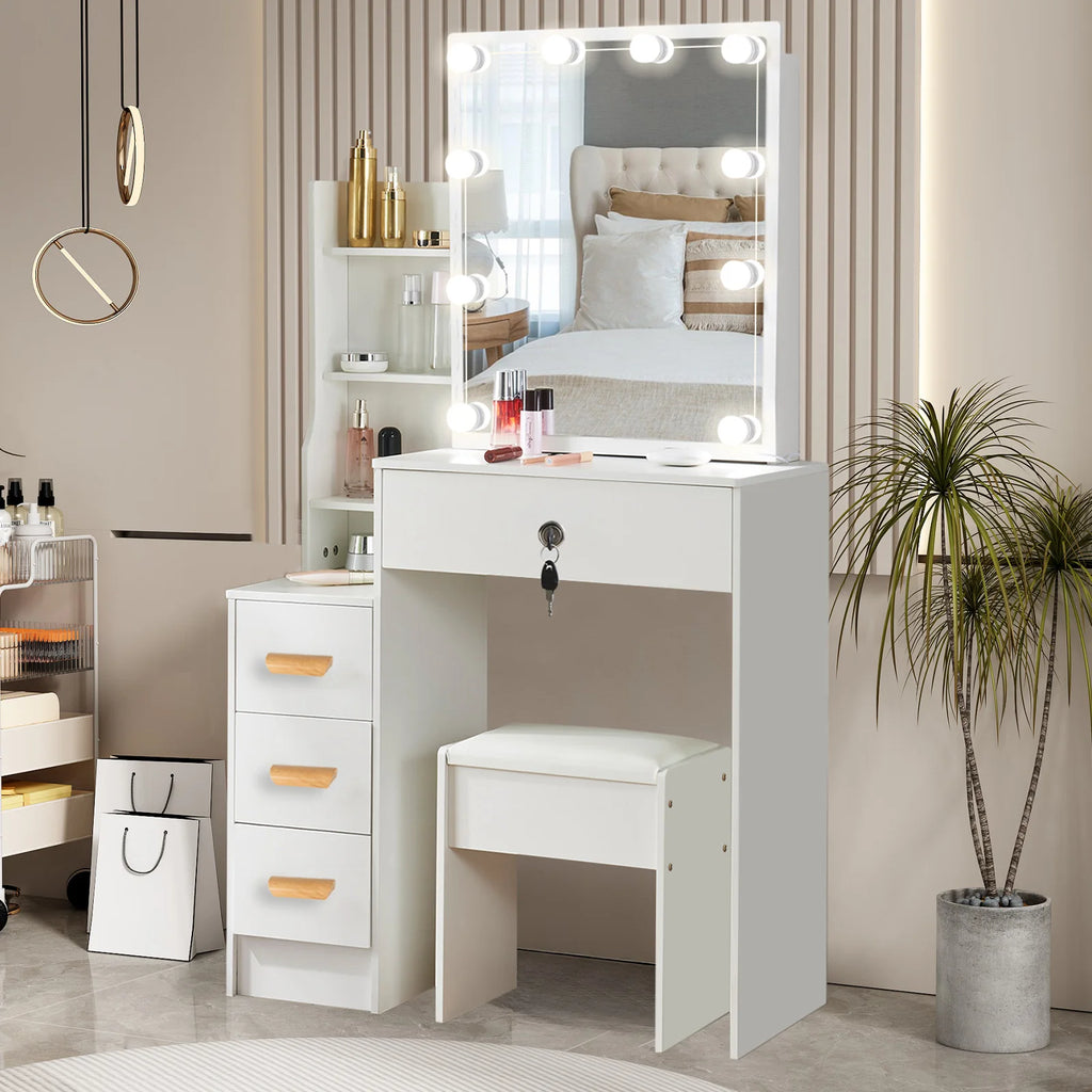 Vanity Table Set with LED Mirror, Stool and Storage Drawers Makeup Dressing Table