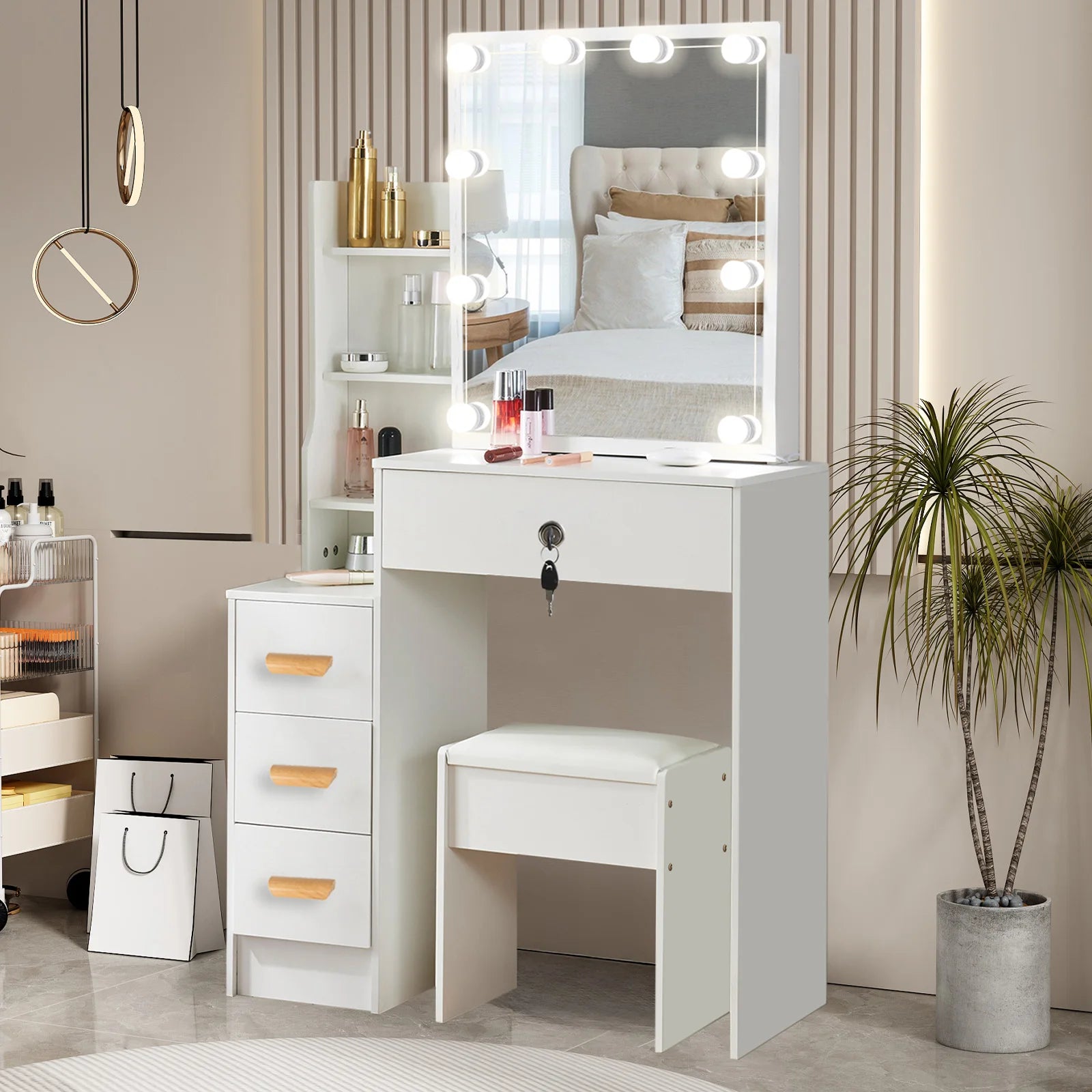 Vanity Table Set with LED Mirror, Stool and Storage Drawers Makeup Dressing Table