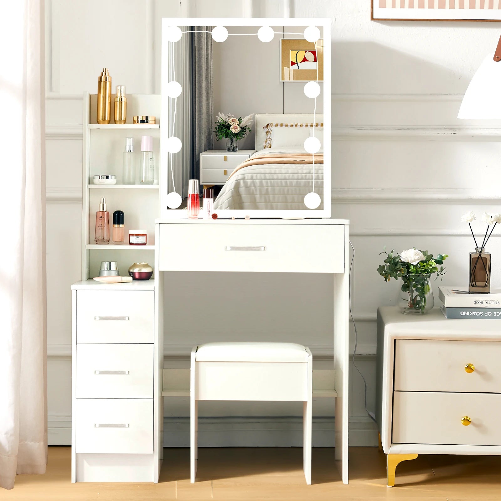 Vanity Table Set with LED Mirror, Stool and 4 Drawers Sliding Mirror Makeup Desk White