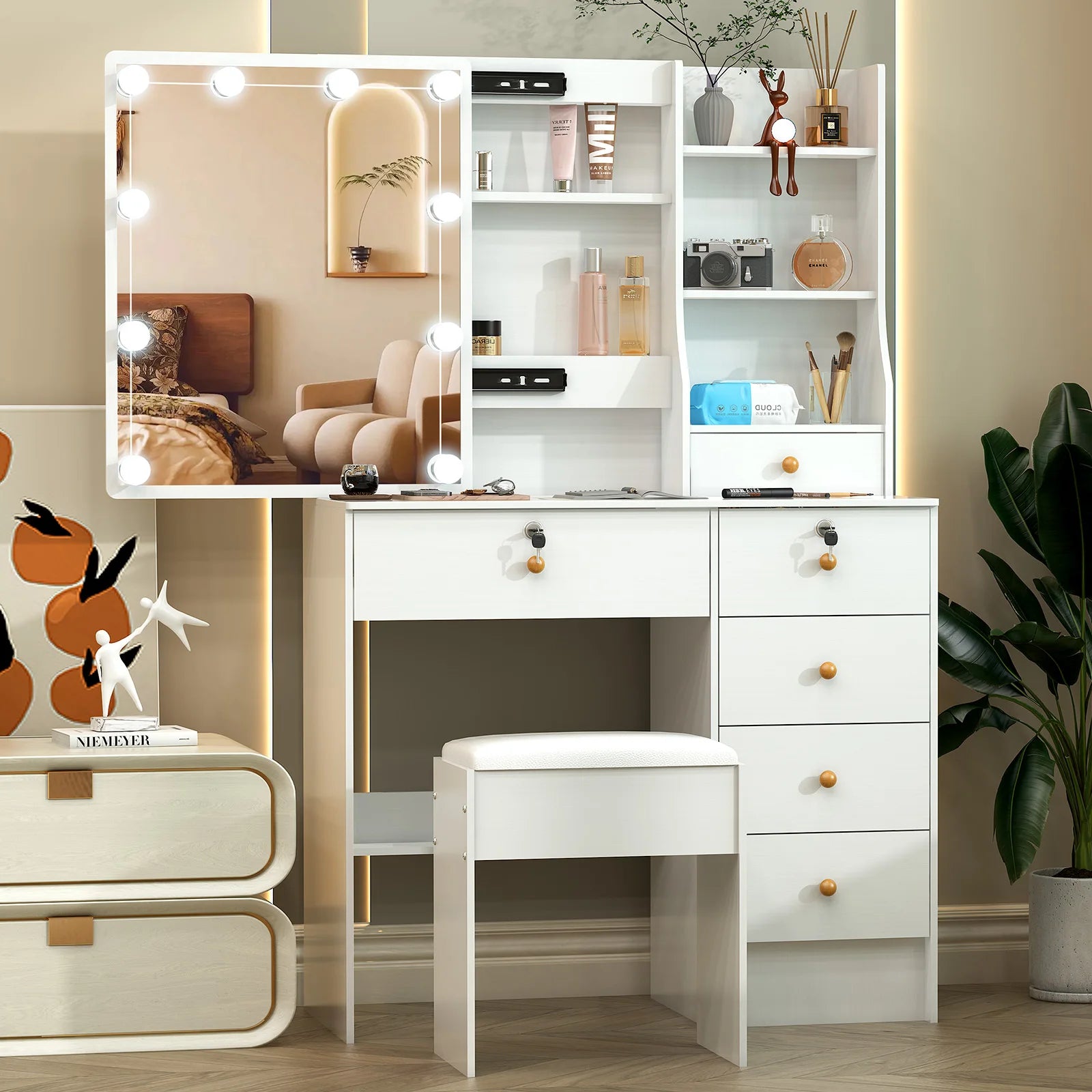 Vanity Table Set with LED Mirror, Stool and 6 Drawers Sliding Mirror Makeup Dressing Table White