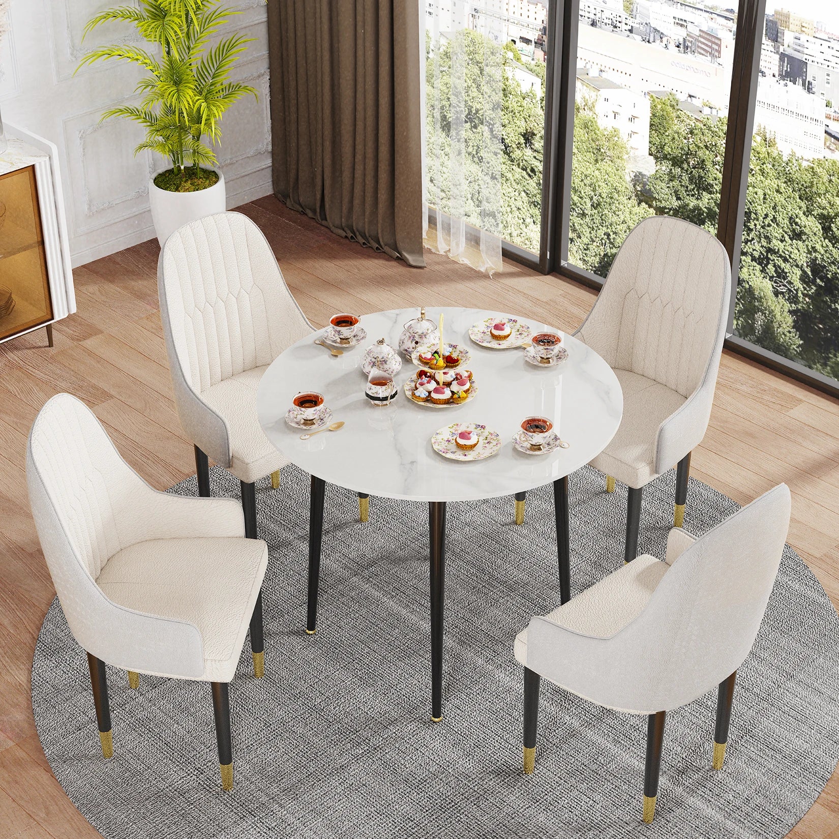 Round Dining Table with Sintered Stone Top and Metal Frame 80cm Modern Kitchen Table White