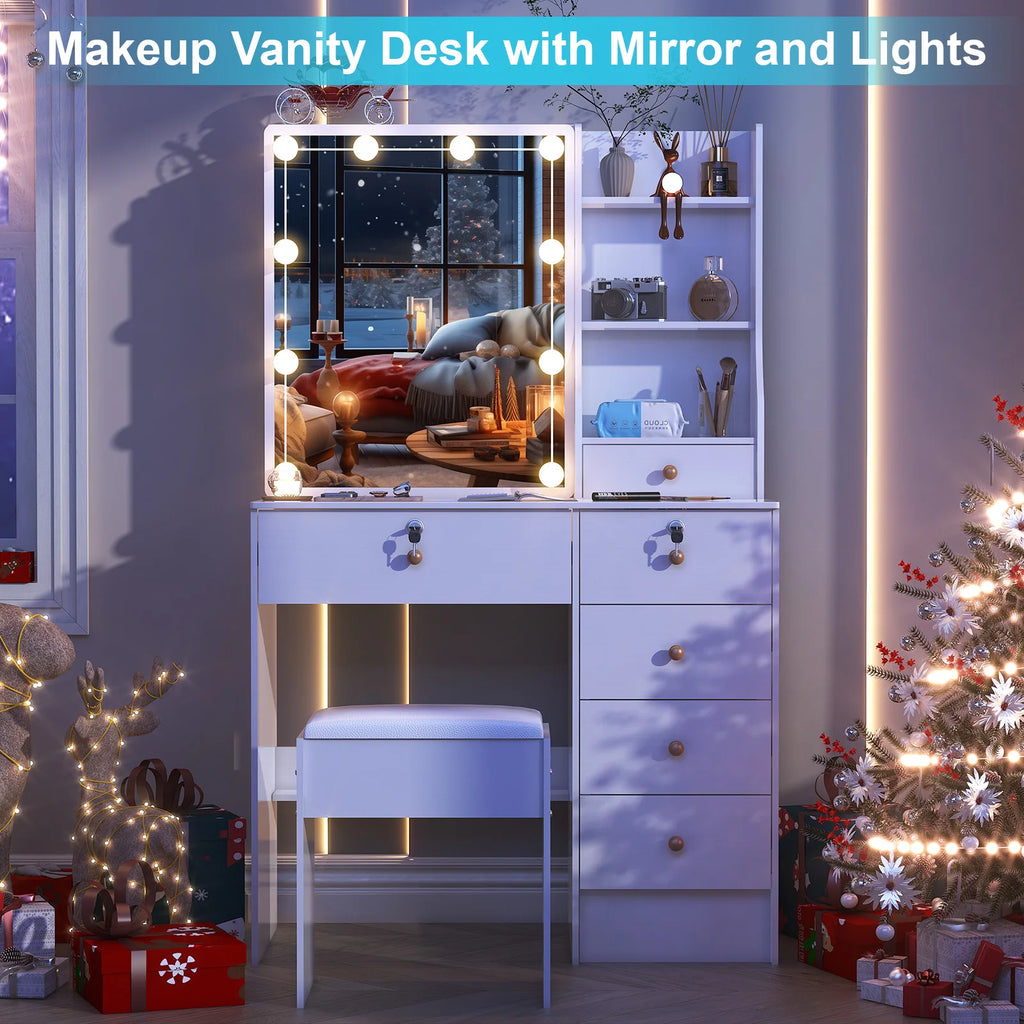 Vanity Table Set with LED Mirror, Stool and 6 Drawers Sliding Mirror Makeup Dressing Table White