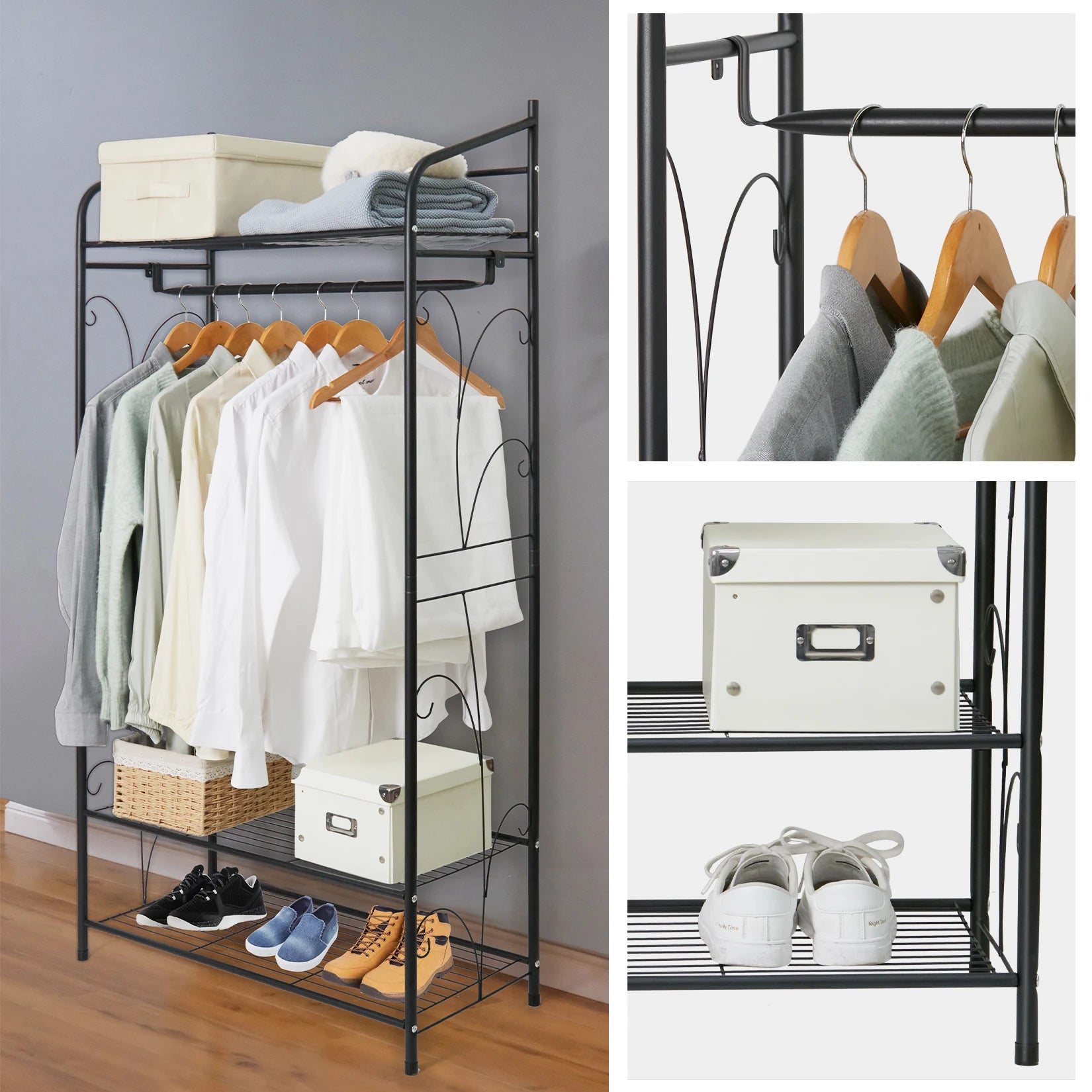 Metal Clothes Rack with Shelves and Hanging Rail Freestanding Garment Rack Organizer Black
