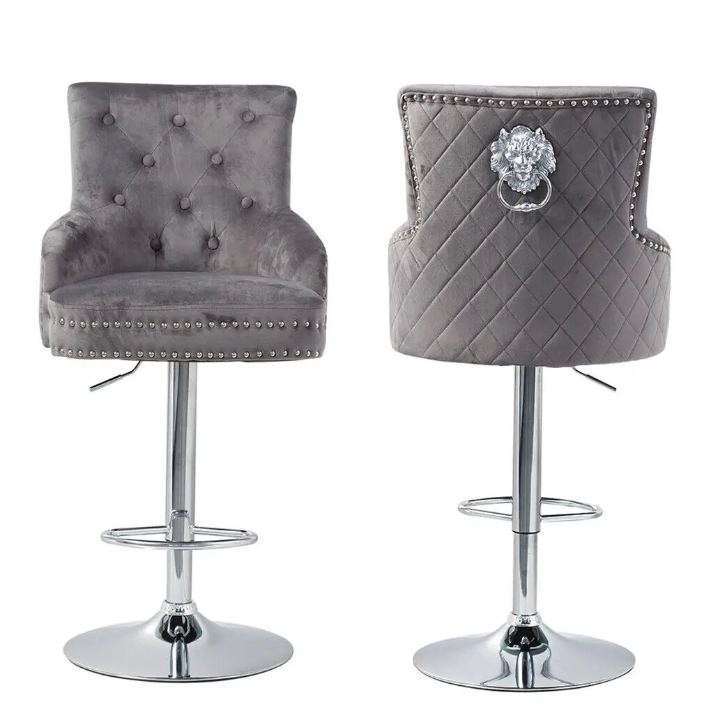 Adjustable Swivel Bar Stool with Velvet Seat and Metal Base Vintage Counter Stool Grey