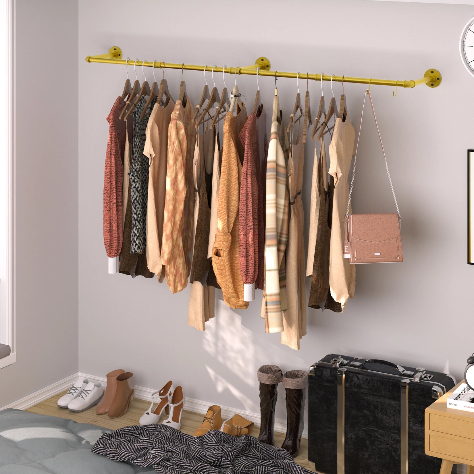 Adjustable Industrial Pipe Clothes Rack Wall Mounted Garment Rack 90-180cm with Hooks Gold
