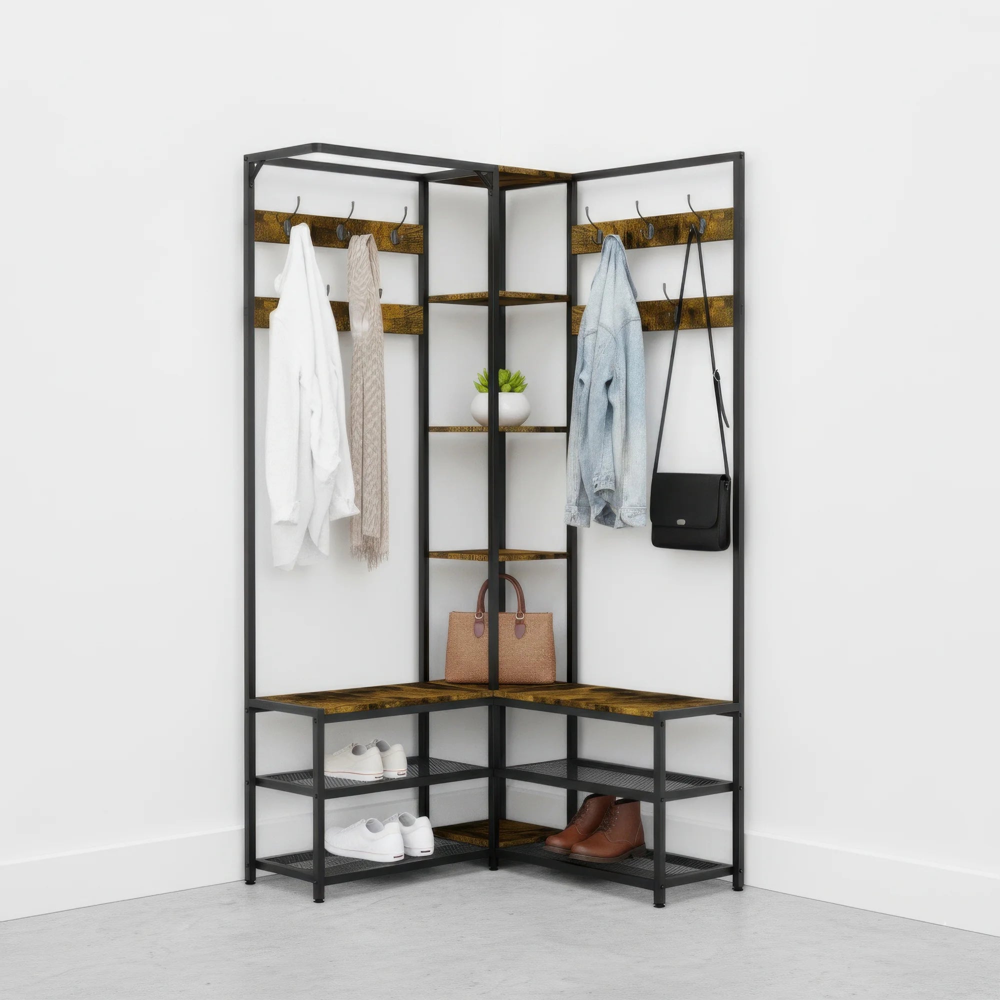 Industrial Hall Tree Coat Rack with Shelves and Metal Frame Entryway Storage Organizer Brown