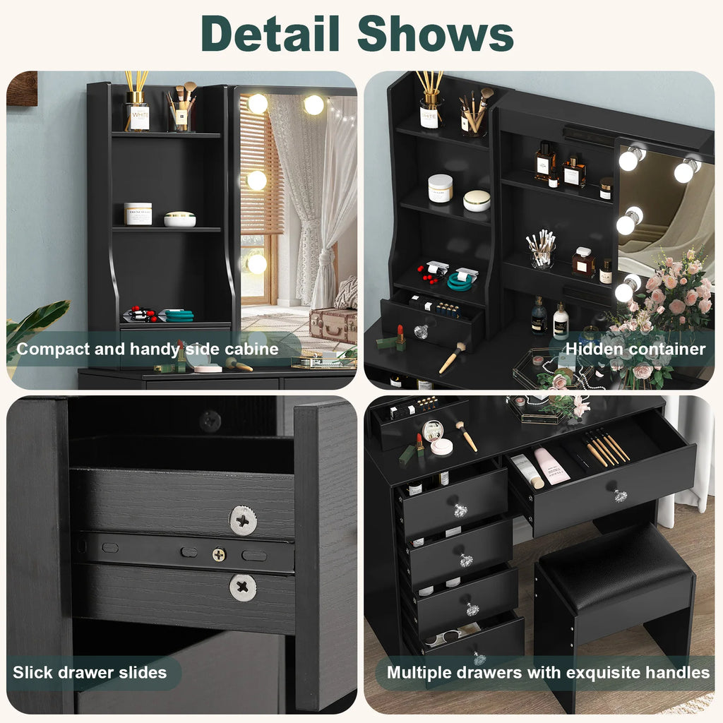 Vanity Table Set with LED Mirror, Stool and 6 Drawers Makeup Dressing Table Black