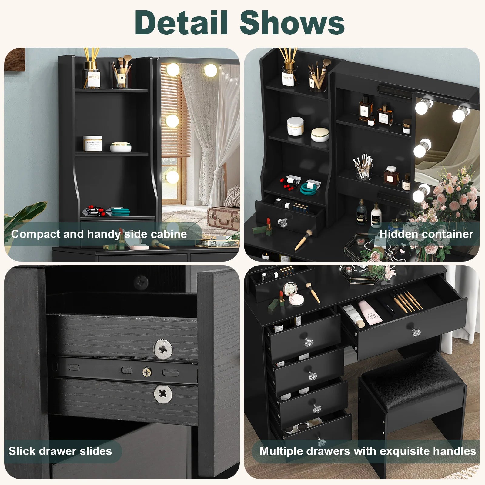 Vanity Table Set with LED Mirror, Stool and 6 Drawers Makeup Dressing Table Black