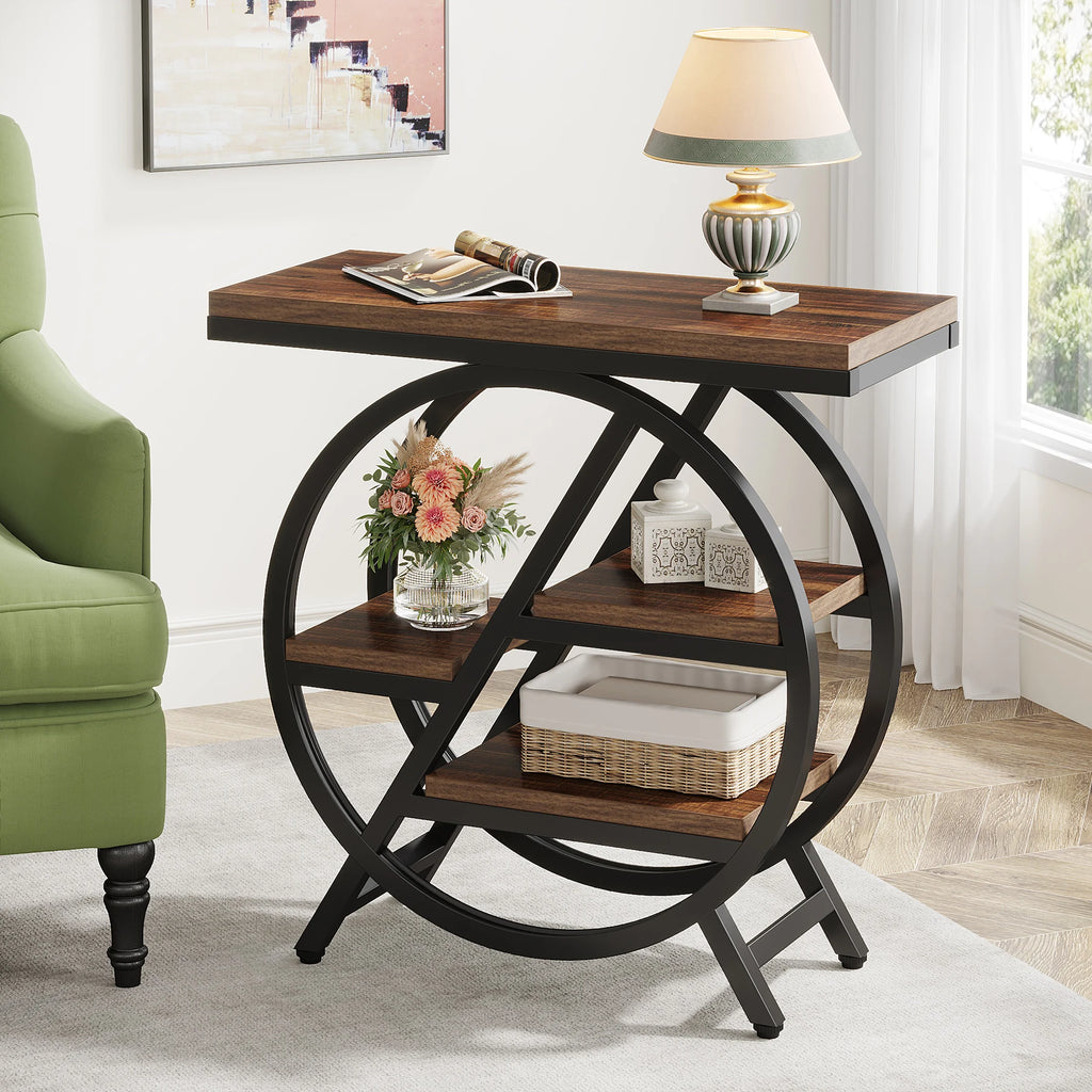 3-Tier Industrial Side Table with Metal Frame and Wooden Shelves Slim Storage End Table