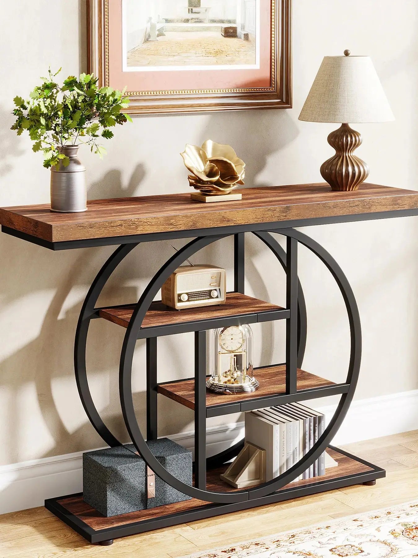 4-Tier Industrial Console Table with Metal Frame and Wooden Shelves Entryway Hallway Storage Table Dark Brown