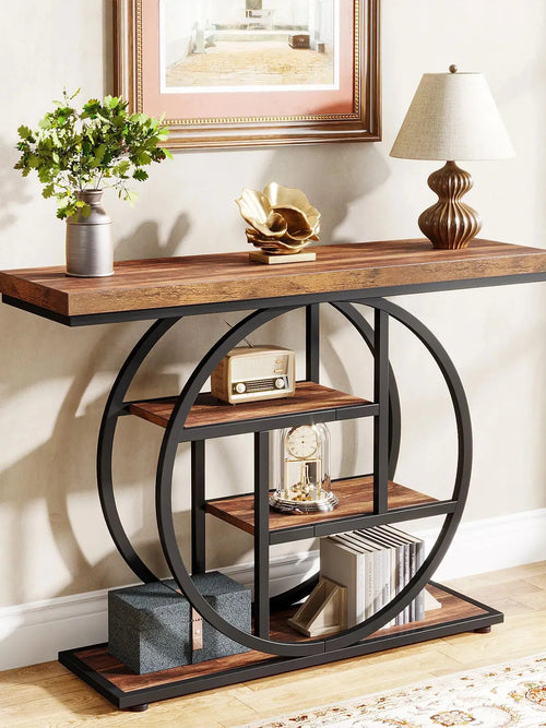 4-Tier Industrial Console Table with Metal Frame and Wooden Shelves Entryway Hallway Storage Table Dark Brown