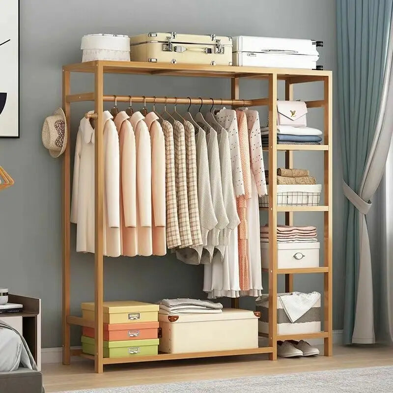 Bamboo Clothes Rack with Shelves and Dustproof Curtain Freestanding Garment Rack Brown