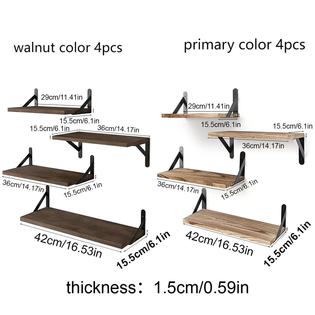 Floating Wall Shelves Set of 4 Wooden Wall Mounted Display Shelves with Metal Brackets Walnut