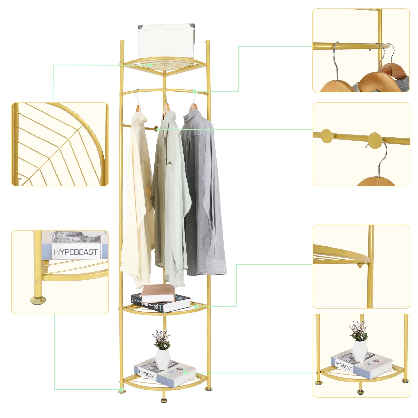 Gold Metal Coat Rack Stand with Shelves Freestanding Corner Clothes Rack Natural Wood