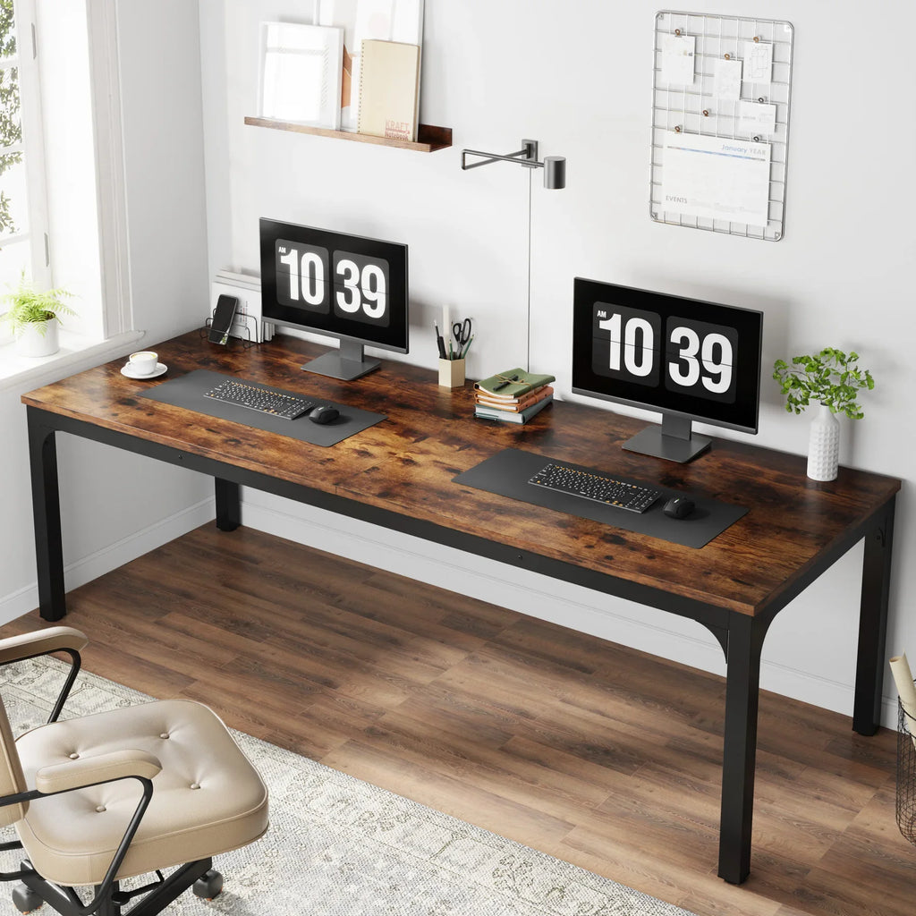 200cm Industrial Computer Desk for 2 People with Metal Frame Large Double Workstation Table Chocolate