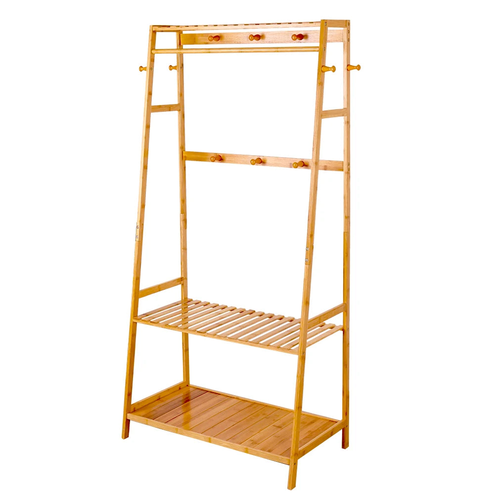 Bamboo Clothes Rack with Shelves and Wheels Freestanding Garment Rack with 10 Hooks Natural Wood