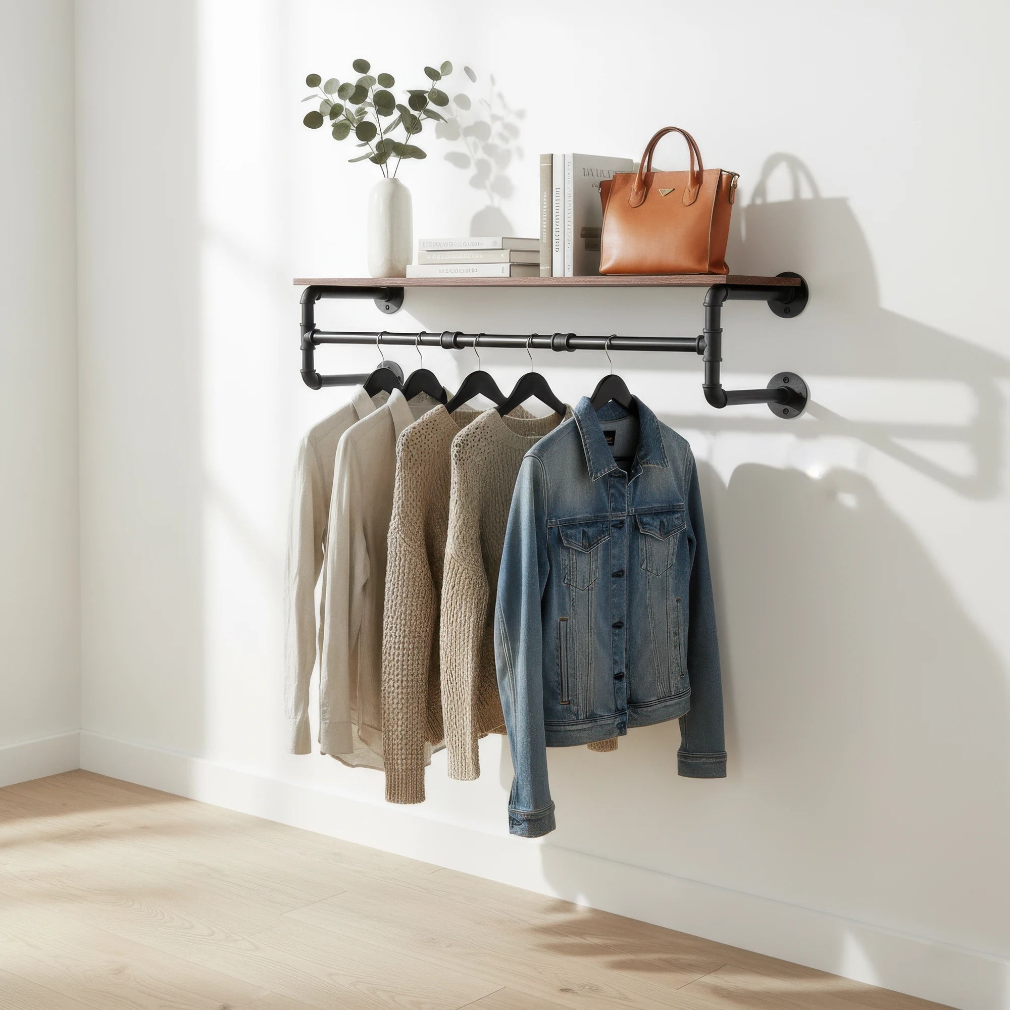 Industrial Pipe Clothes Rack with Shelf Wall Mounted Garment Rack 100cm with Hooks Brown