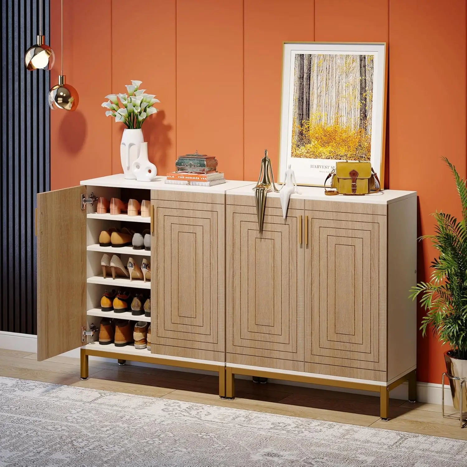 5-Tier Shoe Storage Cabinet with Doors Wooden Entryway Shoe Organiser Holds Up to 24 Pairs Kaki