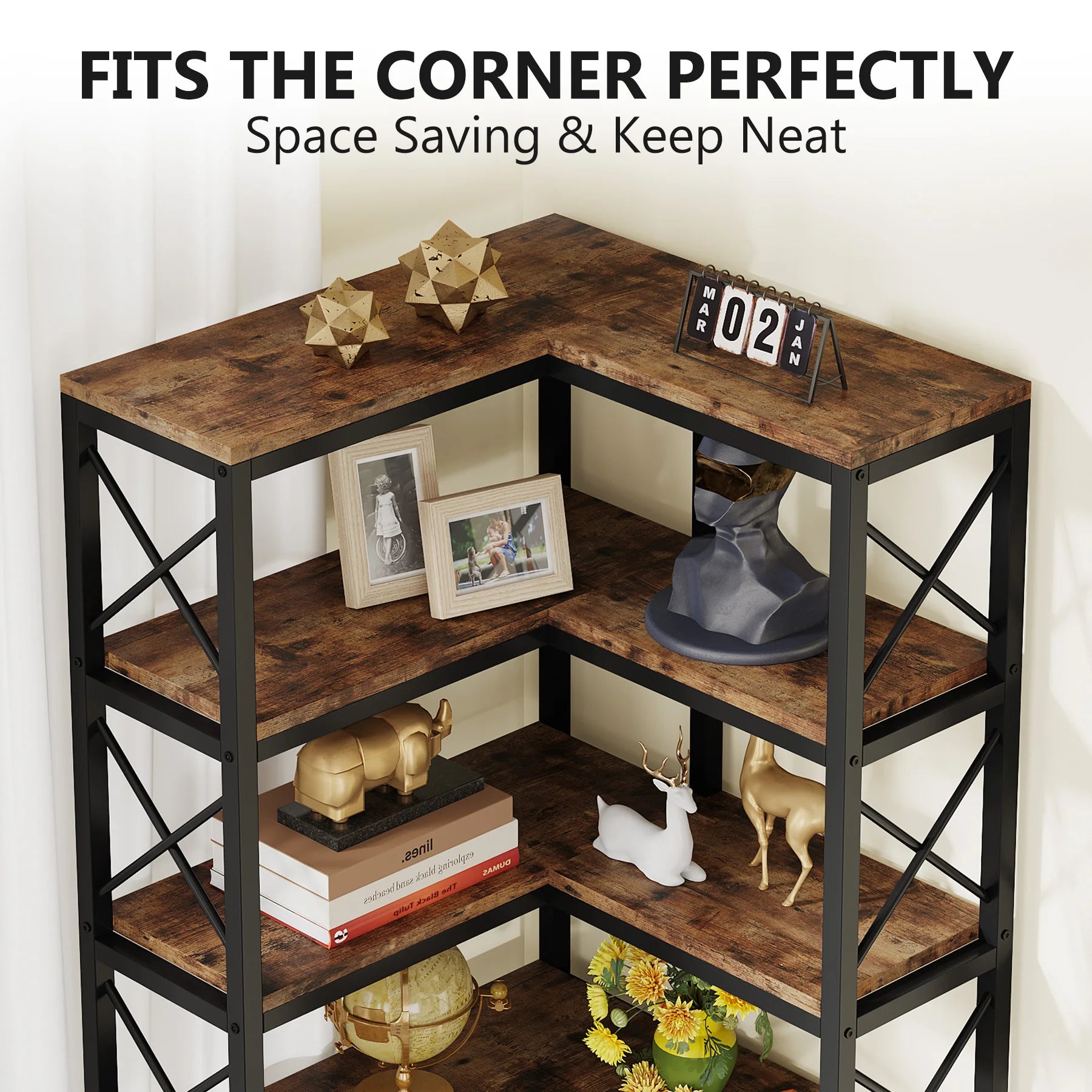 7-Tier Industrial Corner Bookshelf with Metal Frame and Wooden Shelves Heavy Duty Storage Display Rack