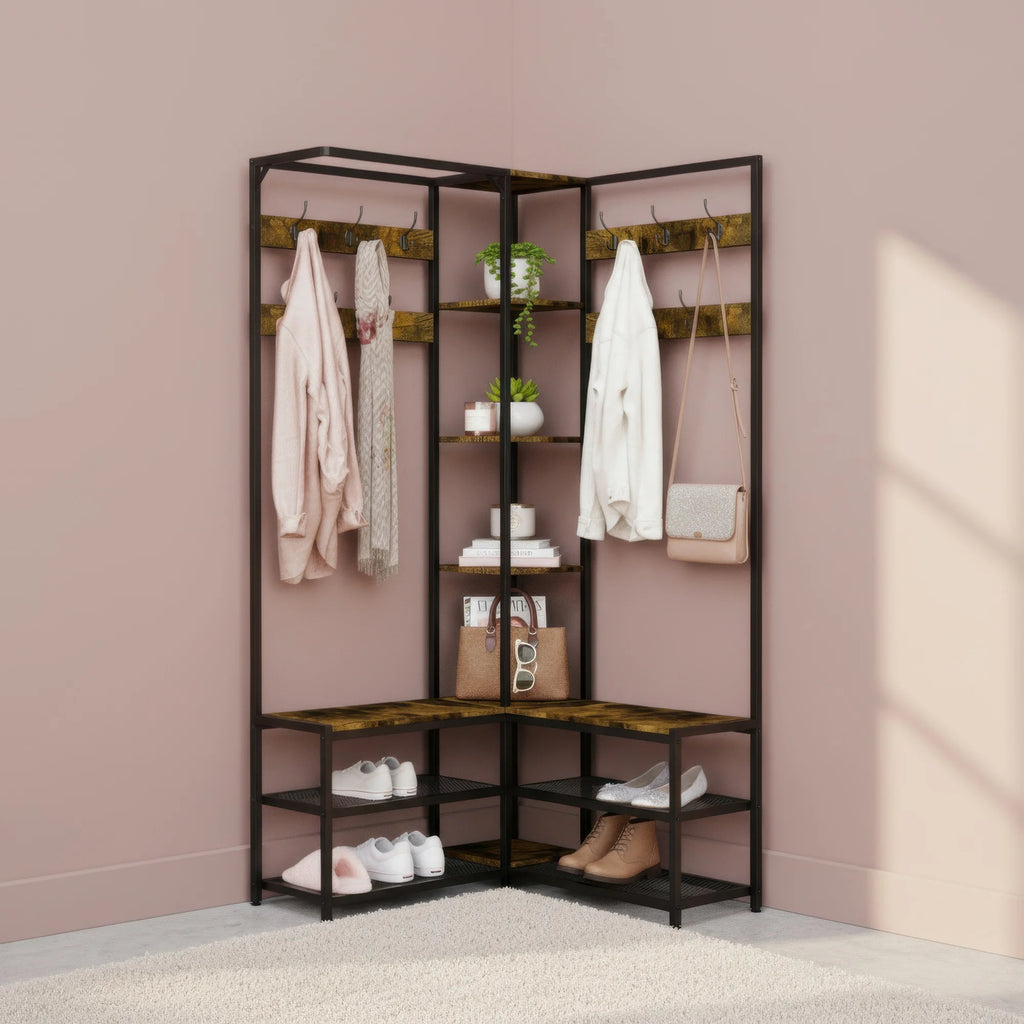 Industrial Hall Tree Coat Rack with Shelves and Metal Frame Entryway Storage Organizer Brown