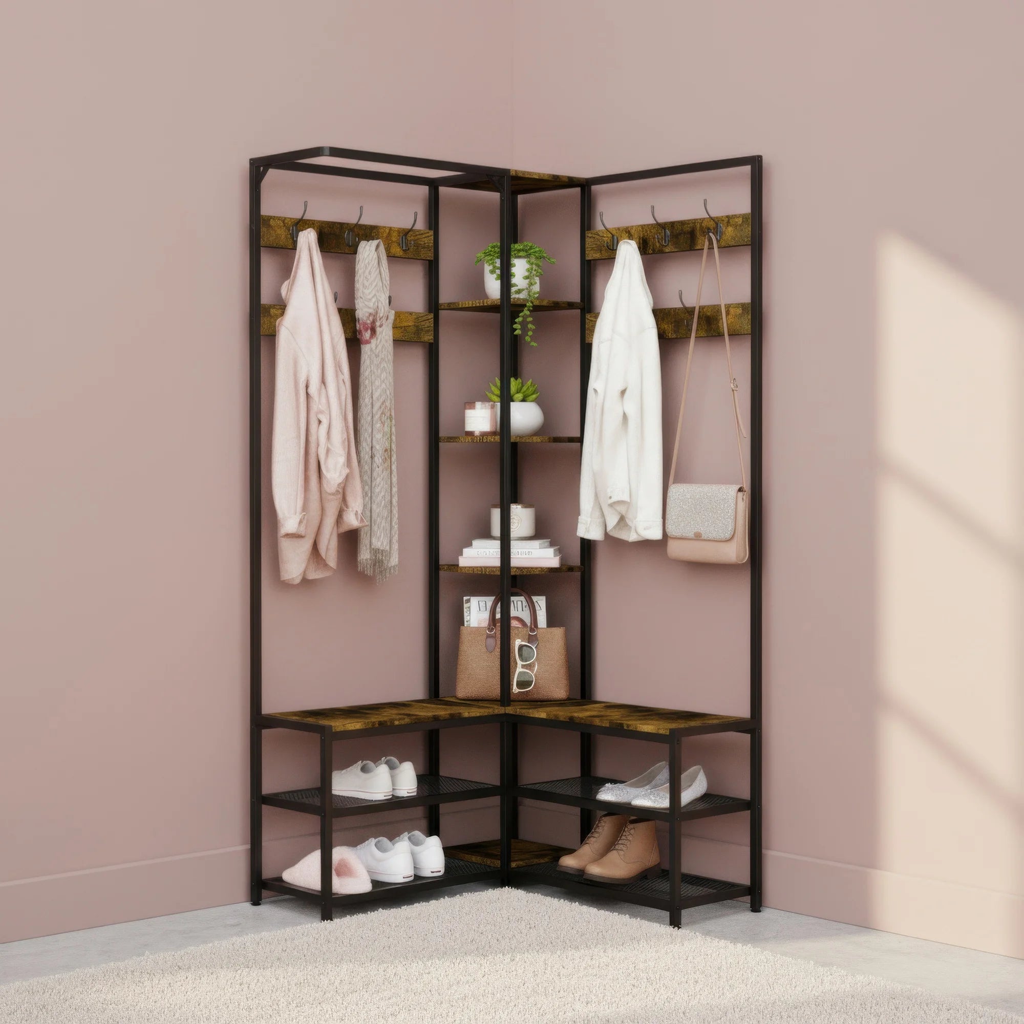 Industrial Hall Tree Coat Rack with Shelves and Metal Frame Entryway Storage Organizer Brown