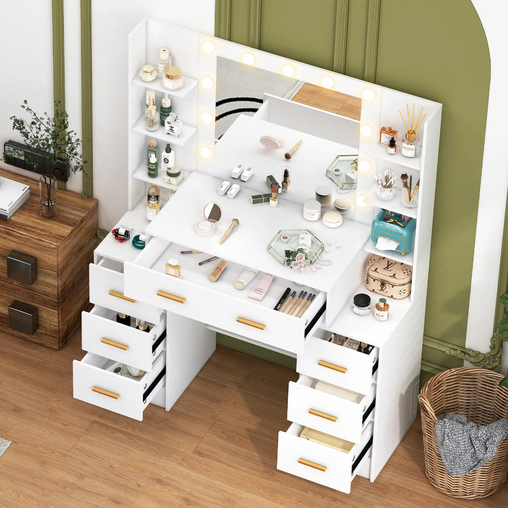 Vanity Table with LED Mirror and 7 Drawers Makeup Dressing Table with Storage Shelves