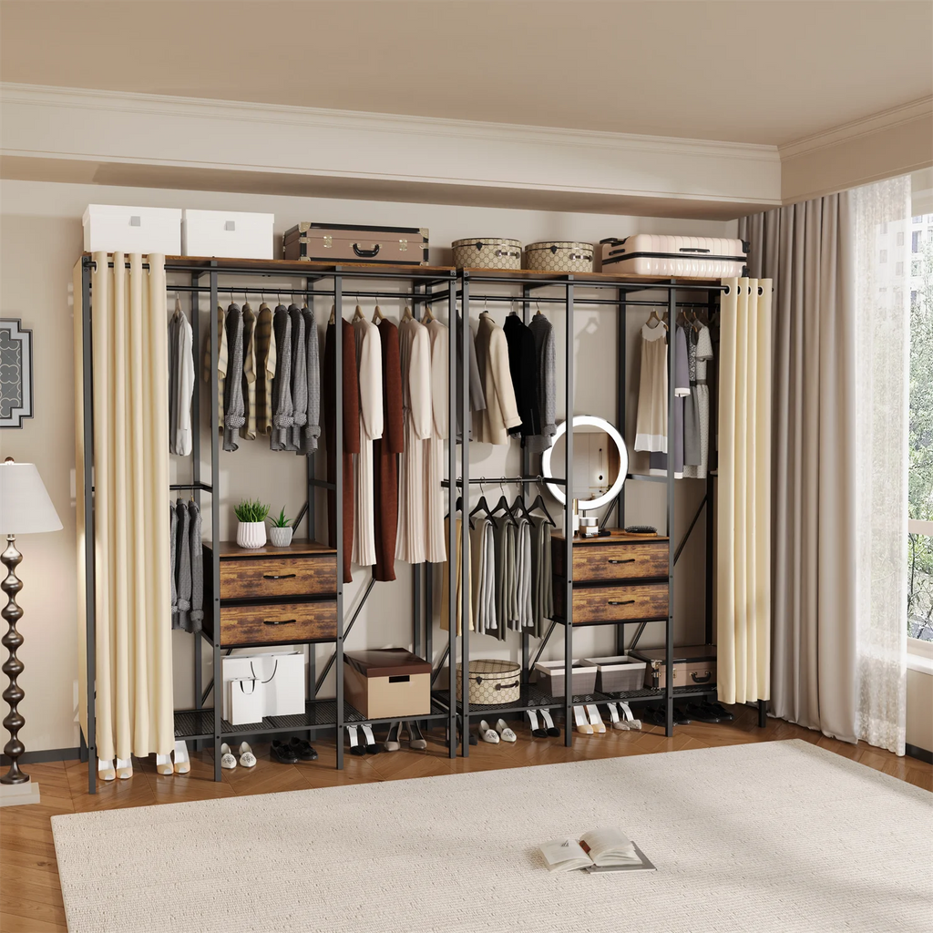 Heavy Duty Clothes Rack Wardrobe with Shelves and Dustproof Cover Industrial Garment Rack XXL Black & Brown