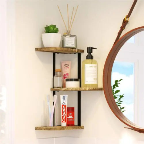 3-Tier Wall Mounted Floating Shelf with Metal Frame Rustic Display Shelves Black & Light Brown