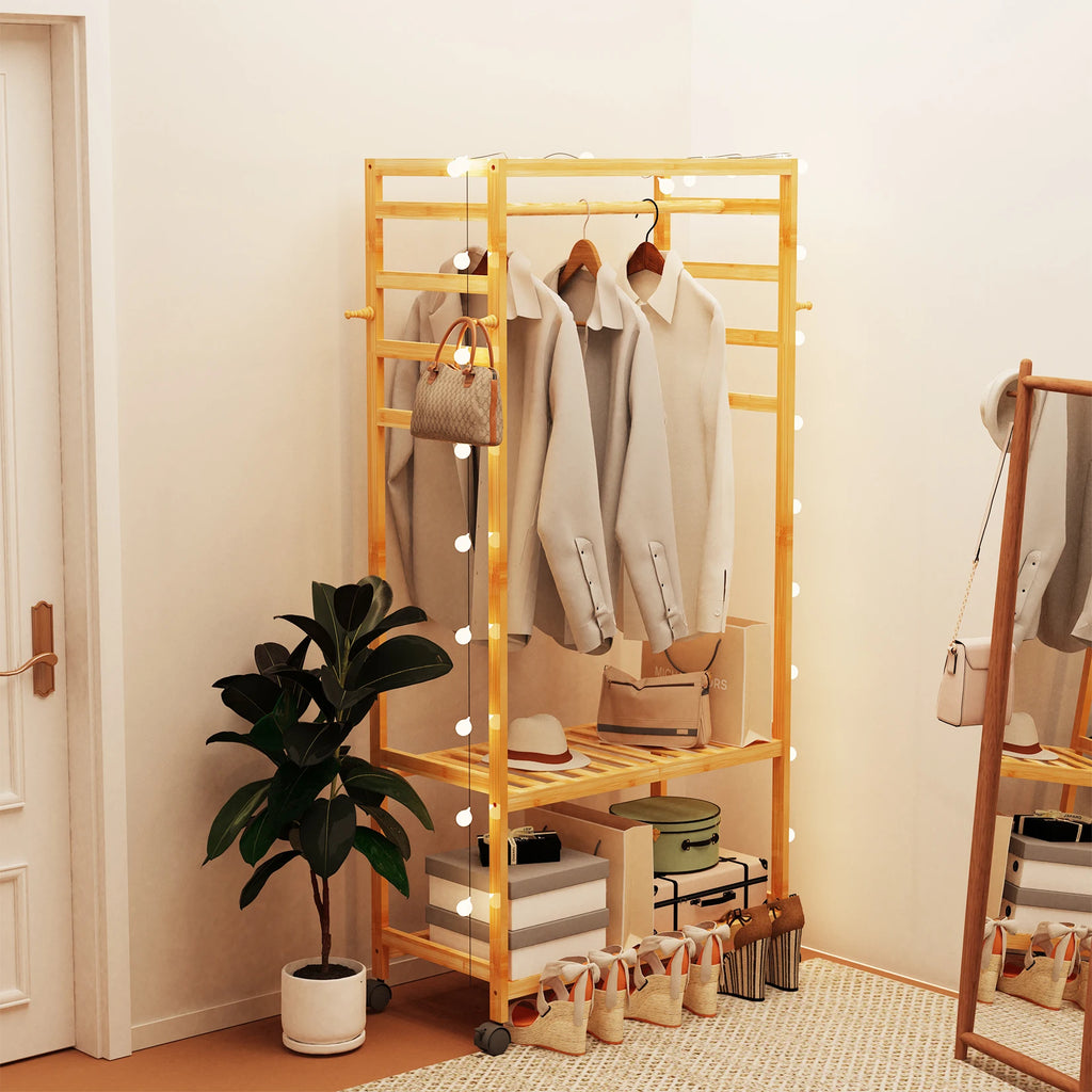 Bamboo Clothes Rack with Shelves, Hooks and Wheels Freestanding Garment Rack Organizer Natural Wood