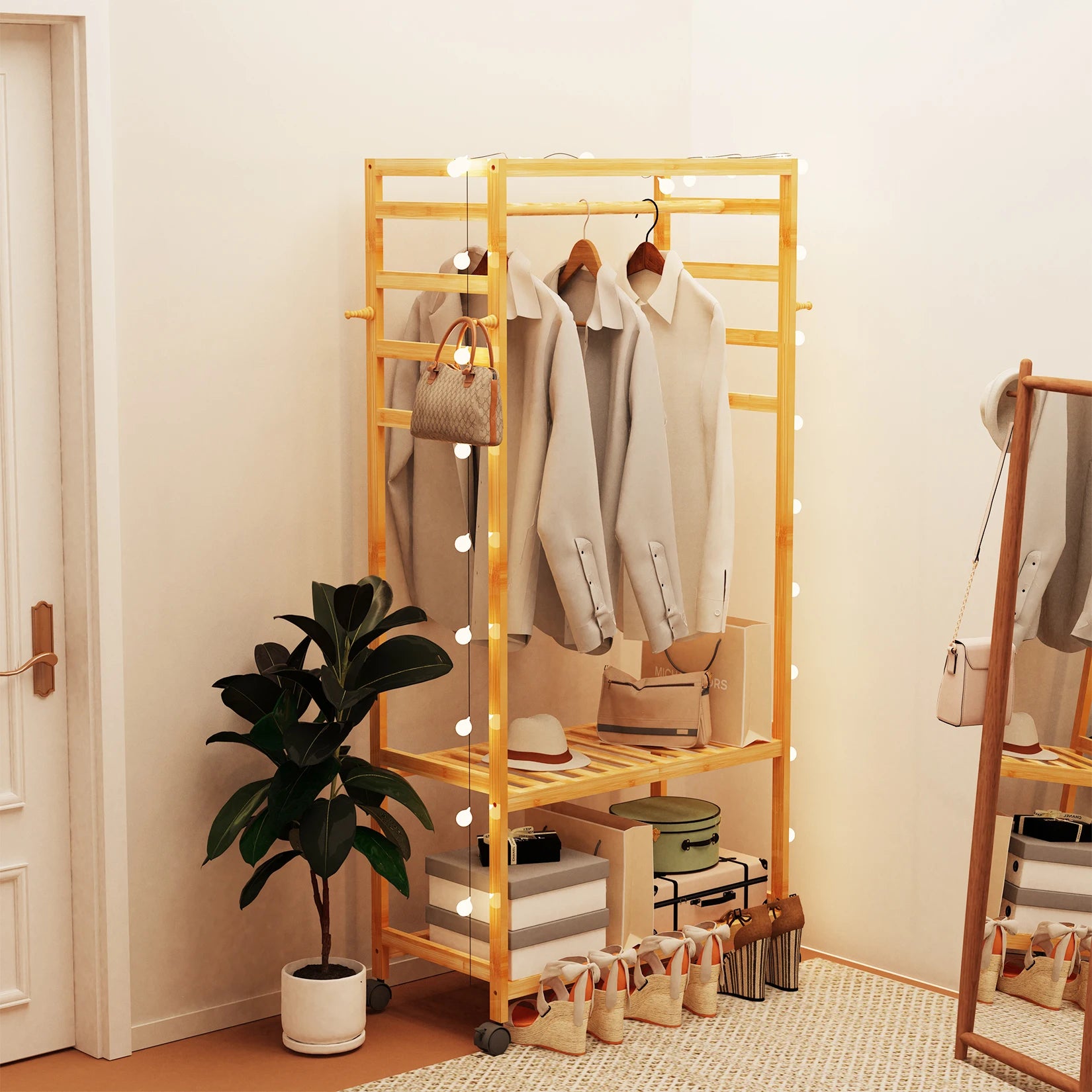Bamboo Clothes Rack with Shelves, Hooks and Wheels Freestanding Garment Rack Organizer Natural Wood