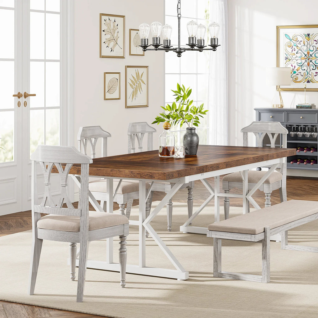 6-Seater Farmhouse Dining Table with Metal Trestle Frame and Wooden Top 180cm Kitchen Table Brown and White