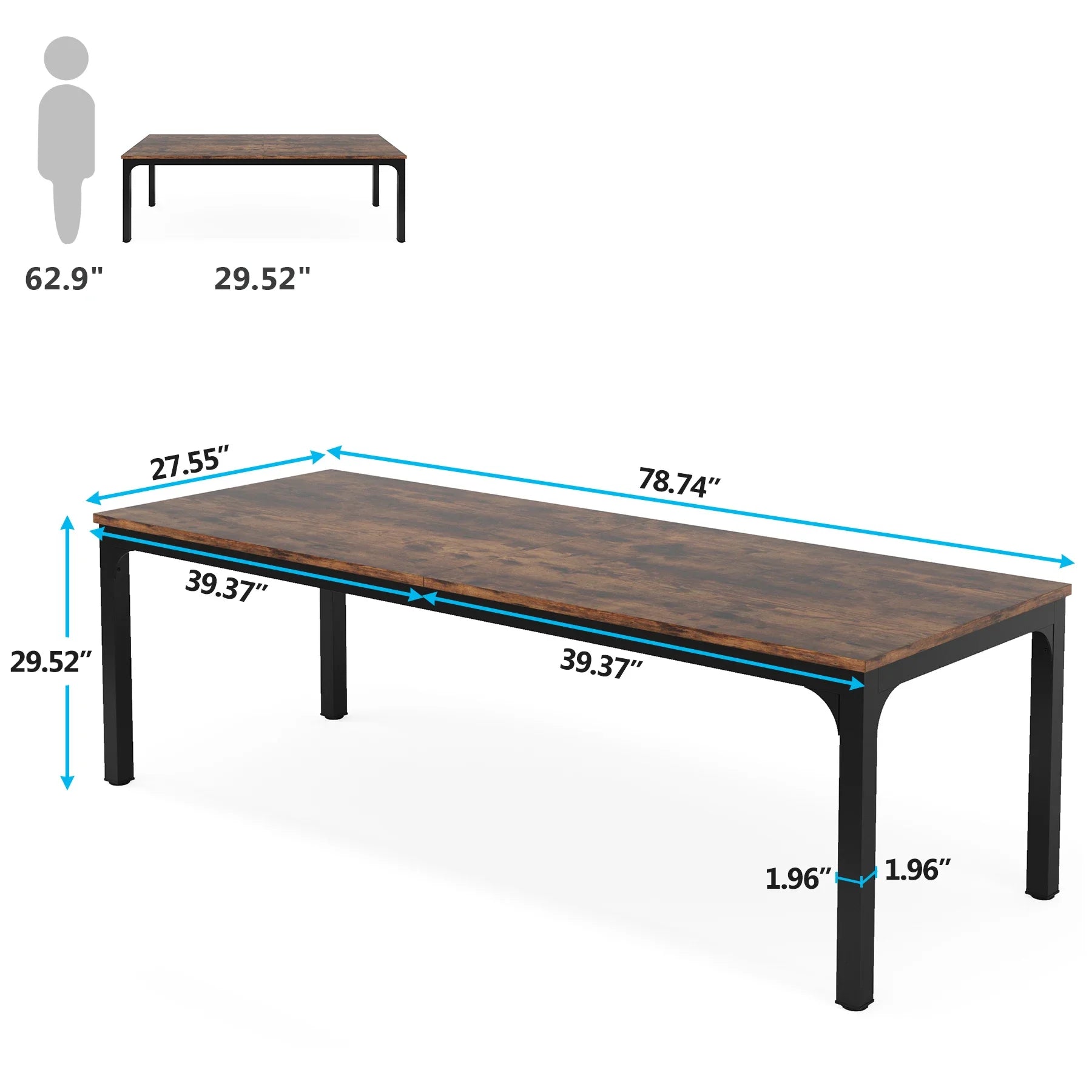 200cm Industrial Computer Desk for 2 People with Metal Frame Large Double Workstation Table Chocolate