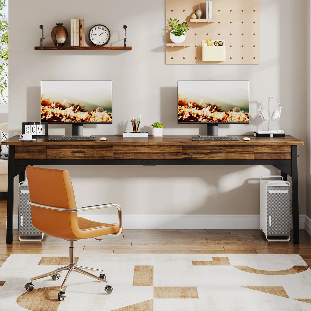 2-Person Office Desk with Drawers and Hooks 200cm Rustic Computer Workstation Rustic Brown