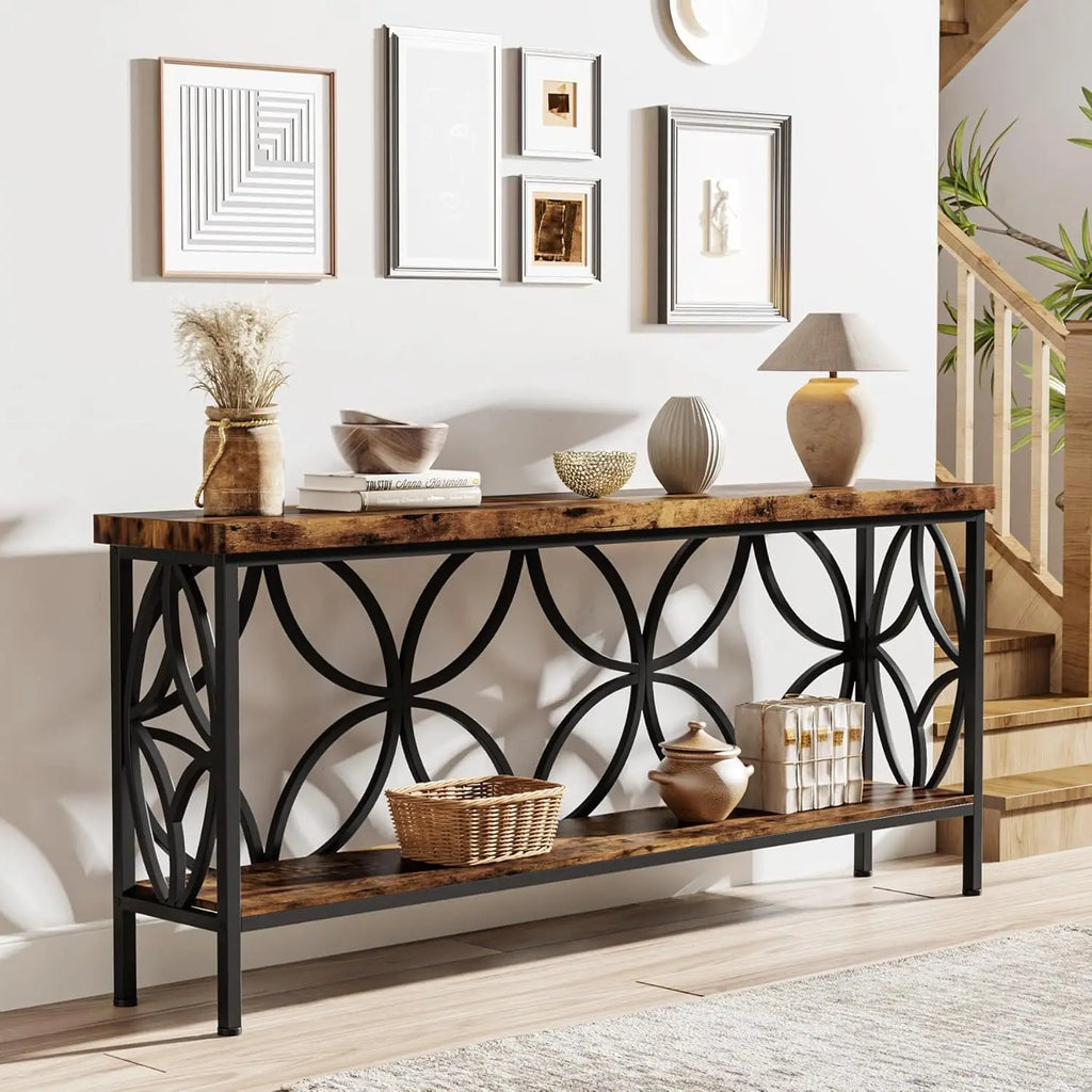 180cm Industrial Console Table with 2-Tier Shelf Narrow Sofa Table