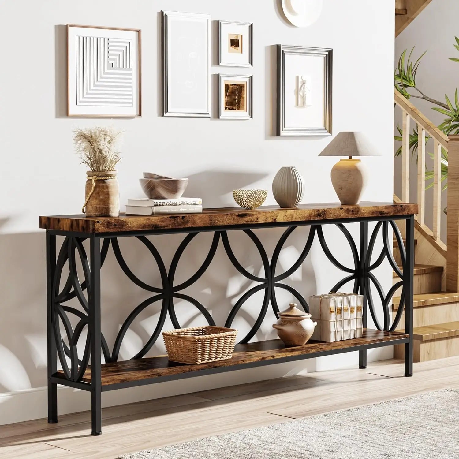 180cm Industrial Console Table with 2-Tier Shelf Narrow Sofa Table