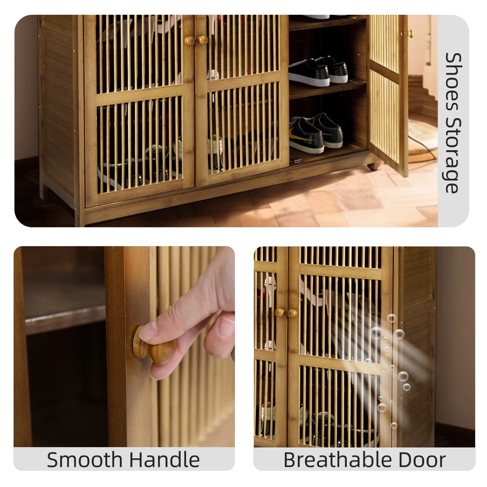Bamboo Shoe Storage Cabinet with Shelves and Ventilation Entryway Shoe Organiser Brown