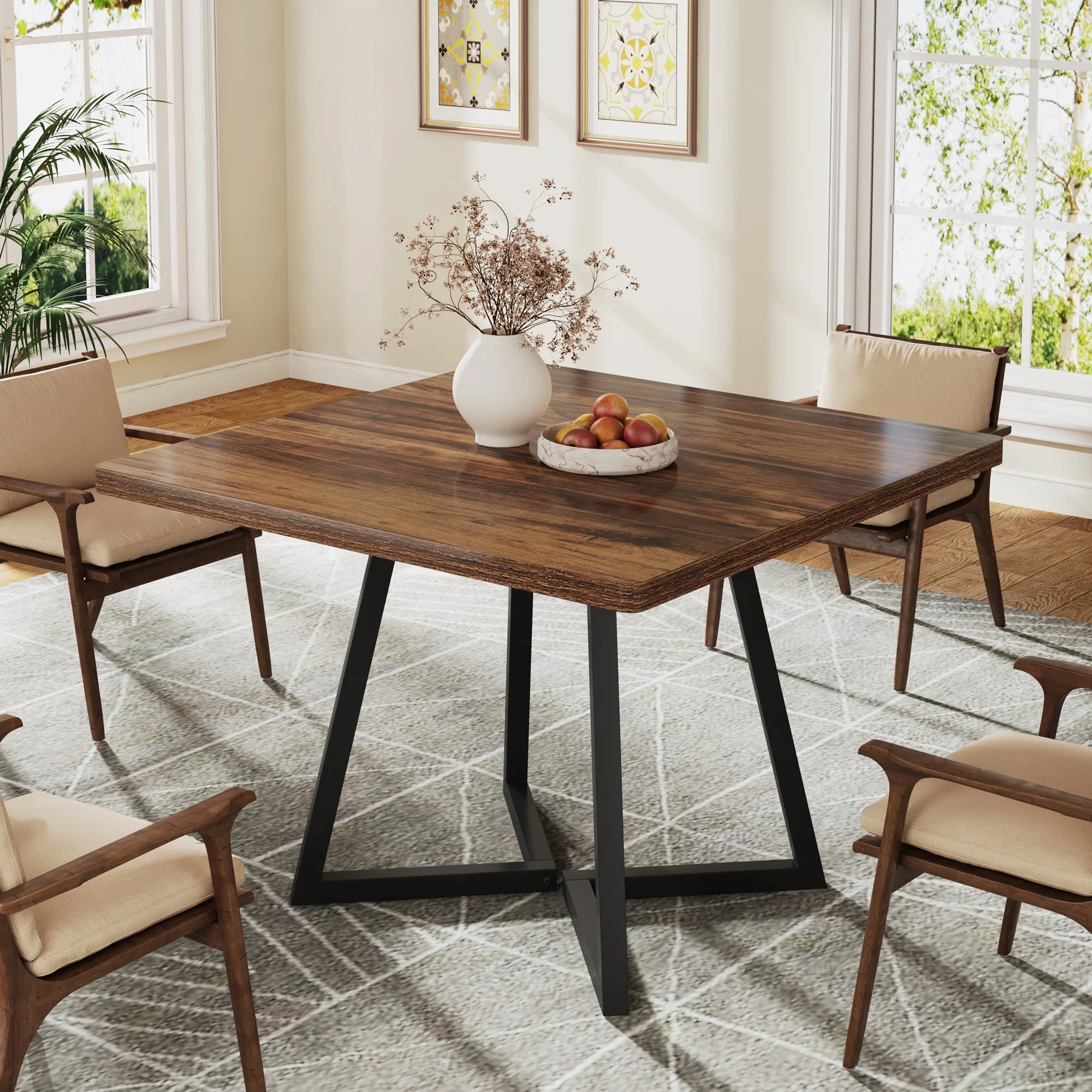 80cm Square Dining Table Rustic Wood Top with Metal Legs Kitchen Table for 4 Rustic Brown