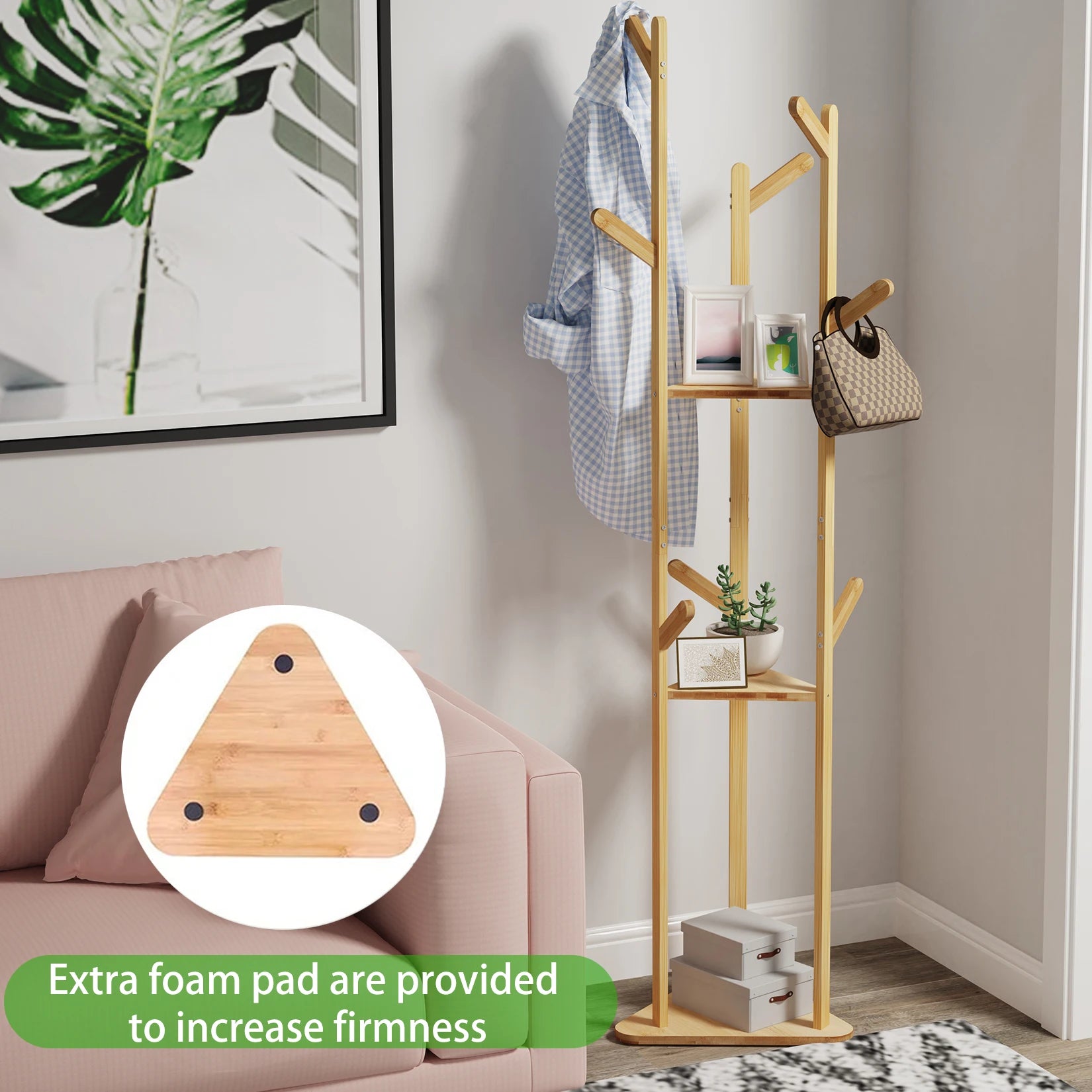 Bamboo Coat Rack Stand with 10 Hooks Freestanding Clothes Hanger Organiser Natural Bamboo