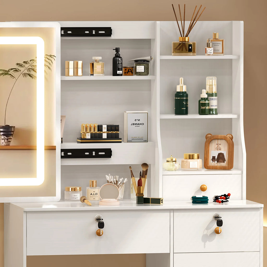 Vanity Table Set with LED Mirror, Stool and 6 Drawers Sliding Mirror Makeup Dressing Table