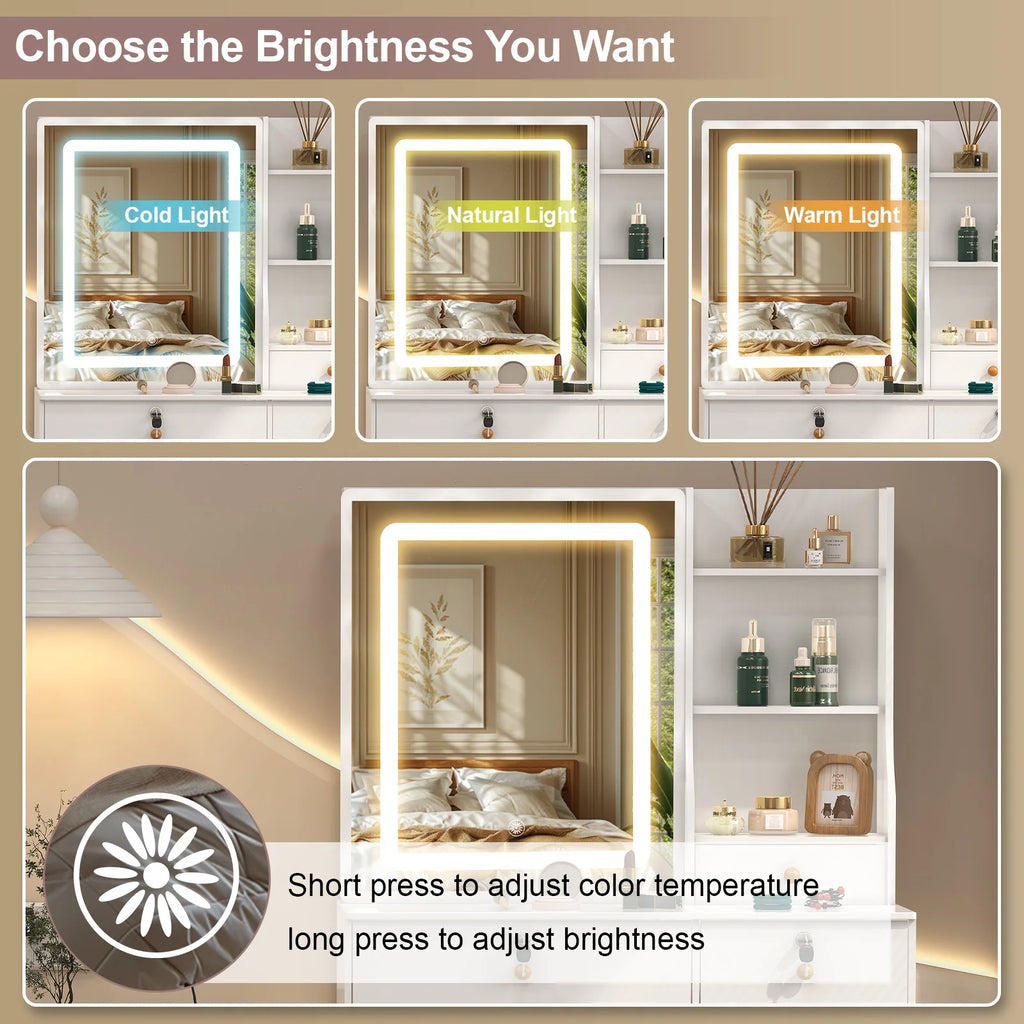 Vanity Table Set with LED Mirror, Stool and 6 Drawers Sliding Mirror Makeup Dressing Table