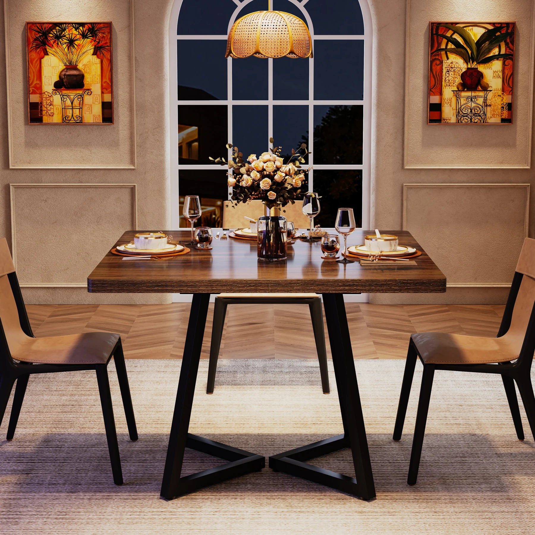 80cm Square Dining Table Rustic Wood Top with Metal Legs Kitchen Table for 4 Rustic Brown